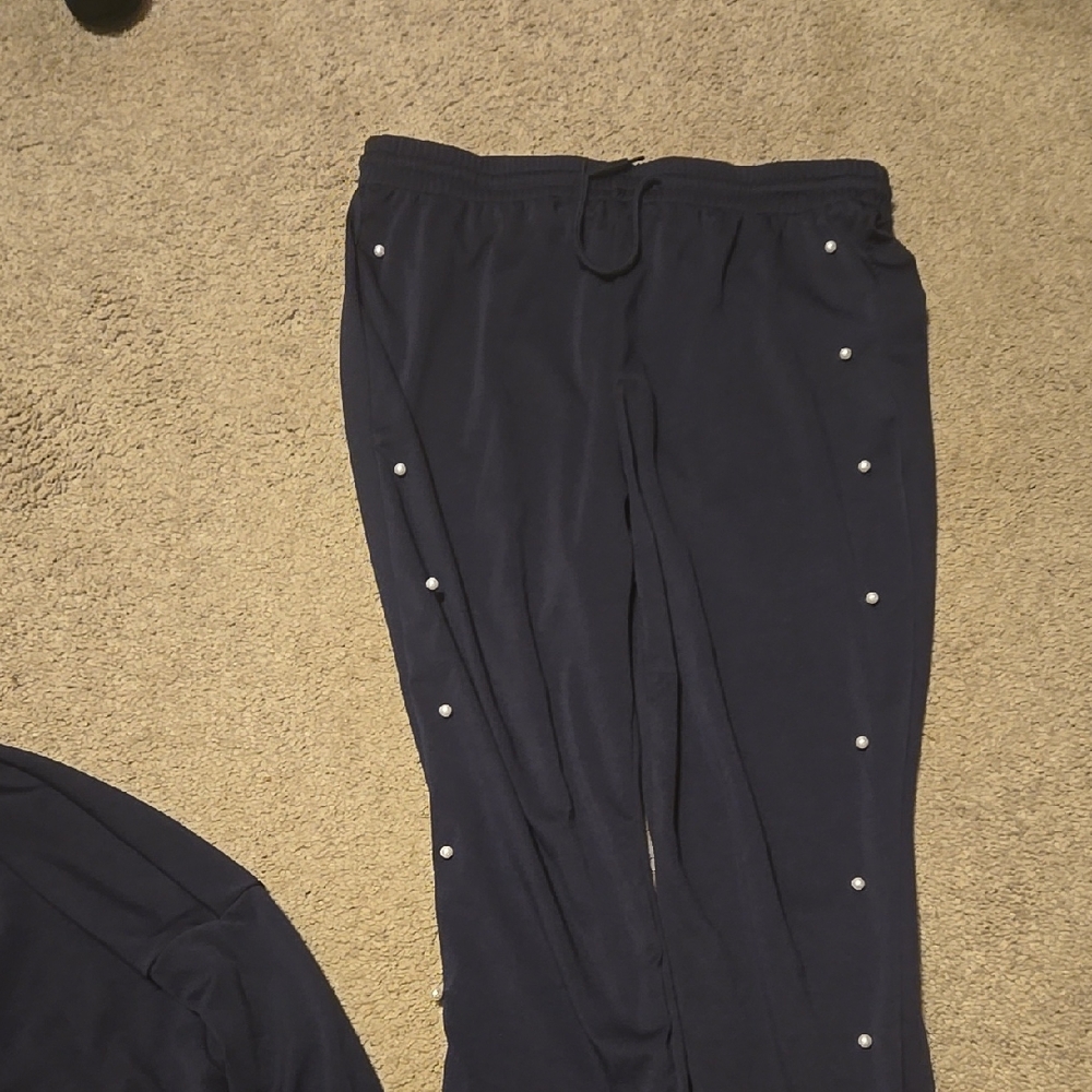 Navy Blue Pants with Pearl Accents with matching top. Navy blue.